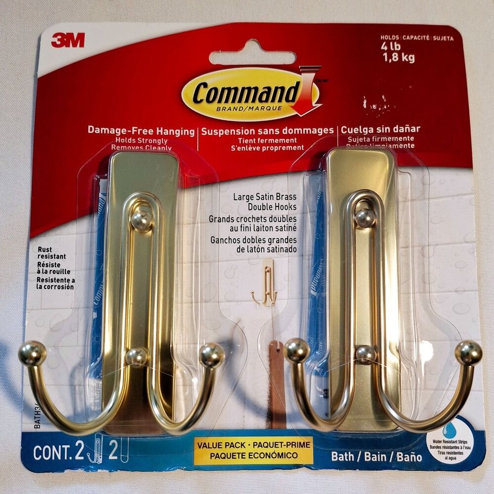 3M Command Large Satin Brass Double Hooks Value Pack For Bath 4 Lb Capacity Dama